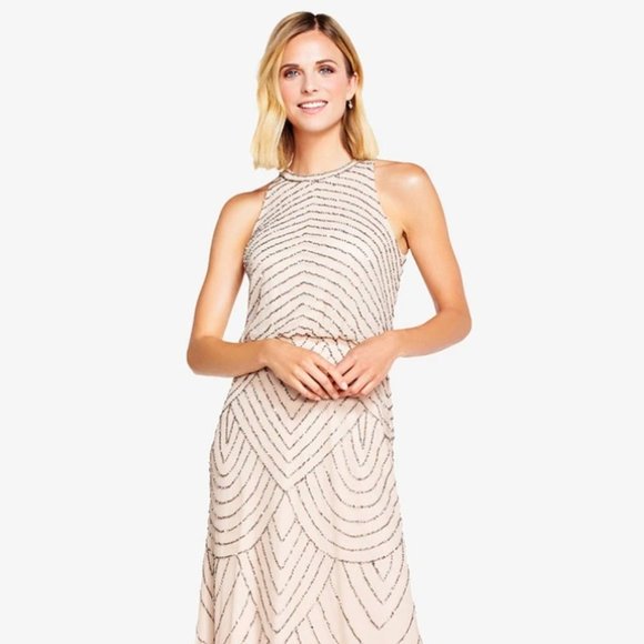art deco beaded blouson dress with halter neckline Adrianna Papell | Dresses | Adrianna Papell Art Deco Beaded Blouson Dress  With